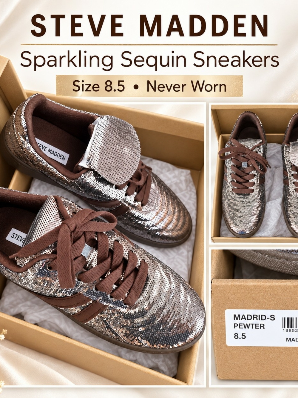 Steve Madden Women's Pewter Sequin Sneakers with Brown Accents. Size 8.5
